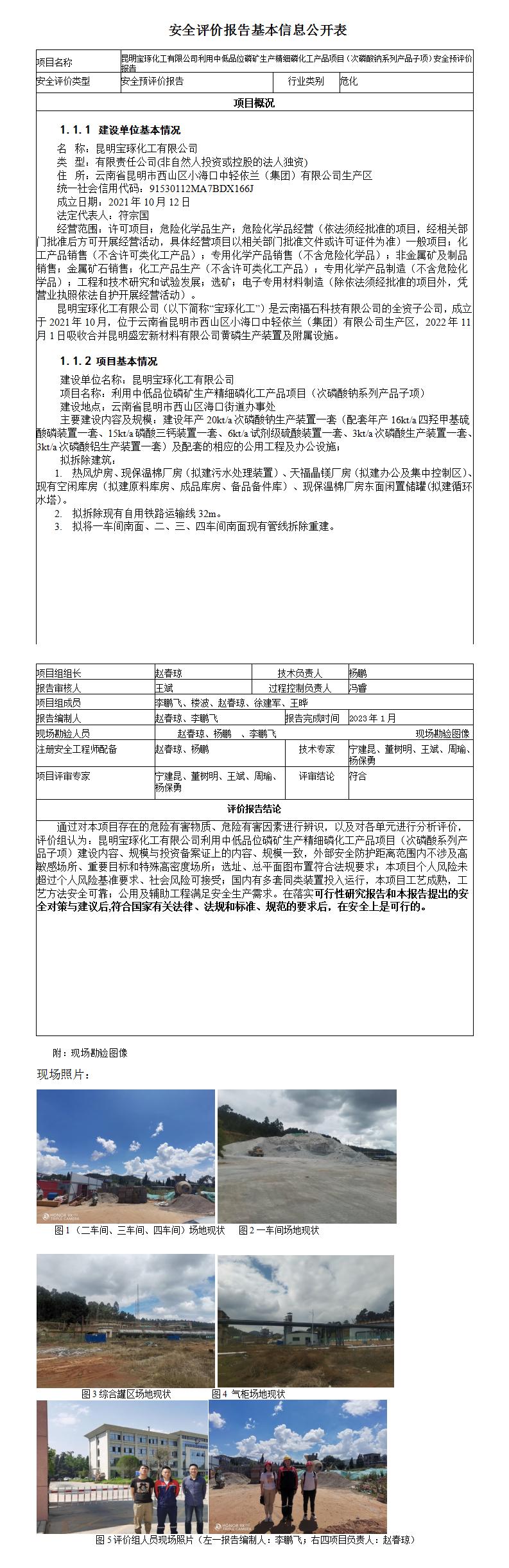 昆明宝琢化工安全评价报告基本信息公开表