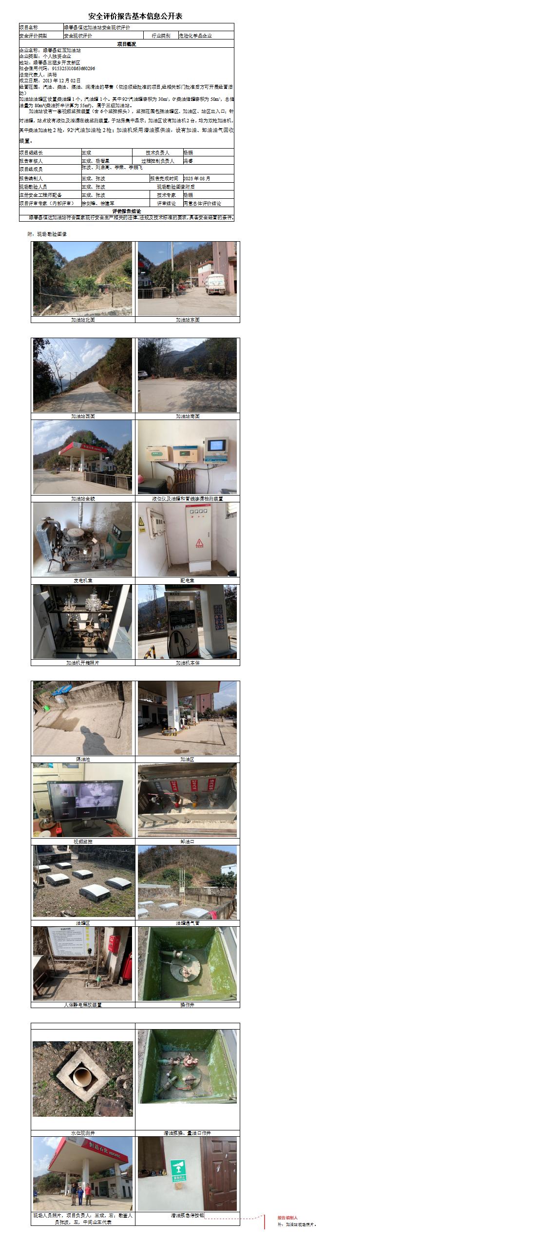 安全现状评价基本信息公开表绿春县恒达加油站