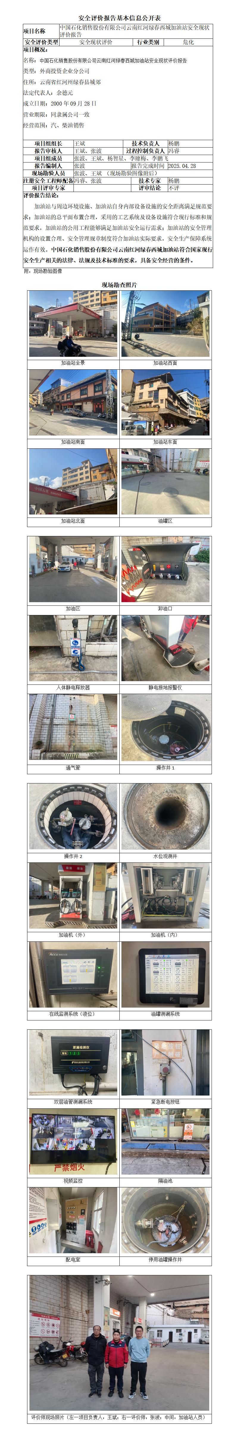 中石化云南红河绿春西城加油站安全现状评价报告--基本信息公开表